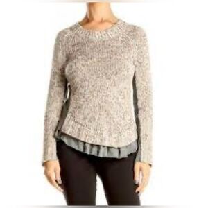 Moth Anthropologie Marled Tan Gray Panels Ruffle Round Neck Sweater Size Medium
